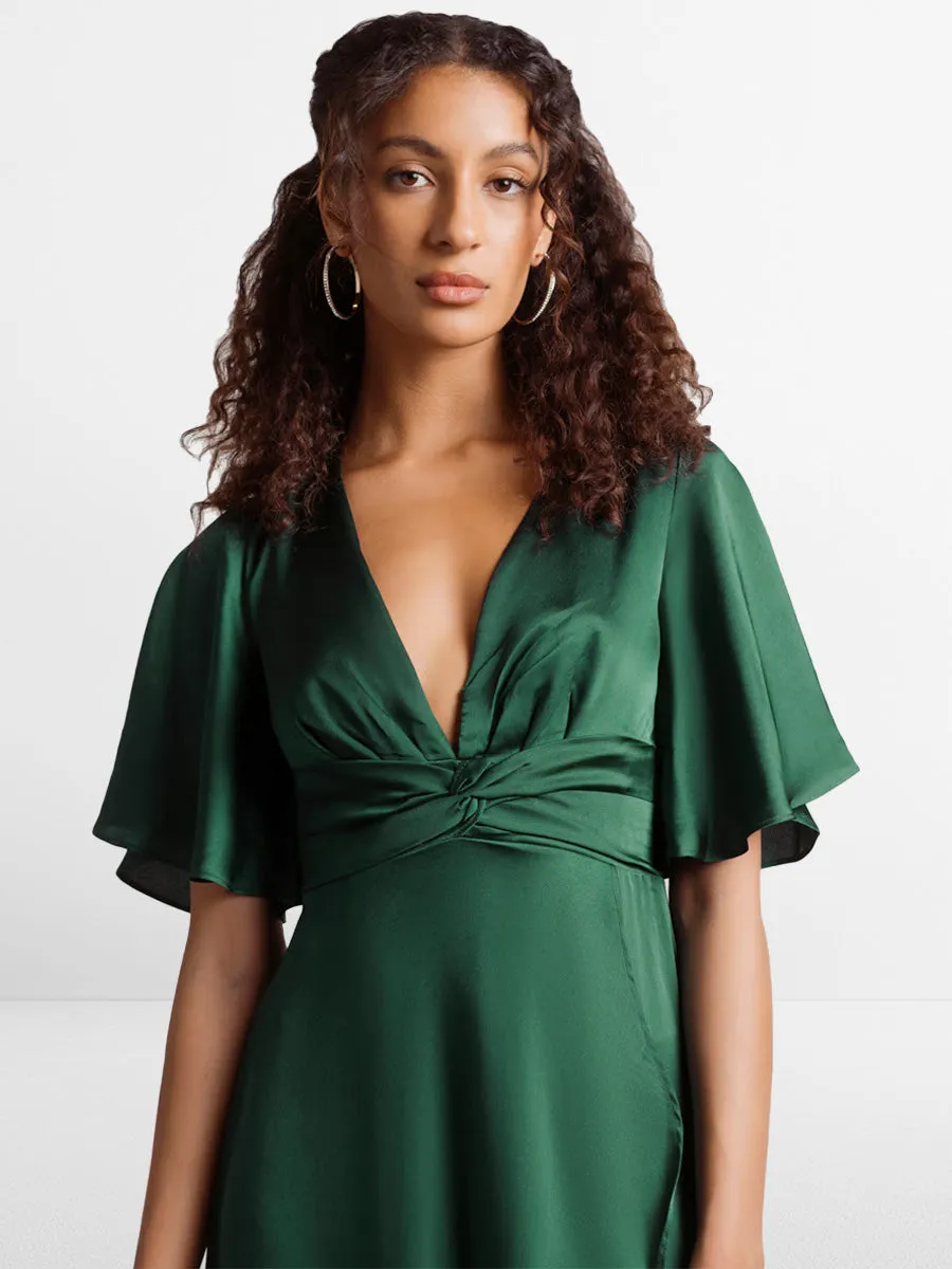 2025 Emerald Green Satin Maxi Bridesmaid Dress, Flutter Sleeves, V-Neck & Hi-low skirt Gowns