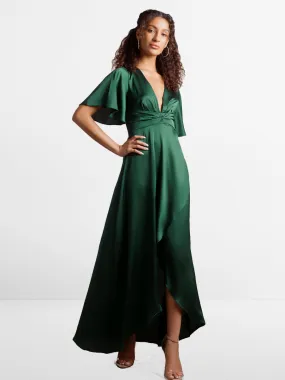 2025 Emerald Green Satin Maxi Bridesmaid Dress, Flutter Sleeves, V-Neck & Hi-low skirt Gowns