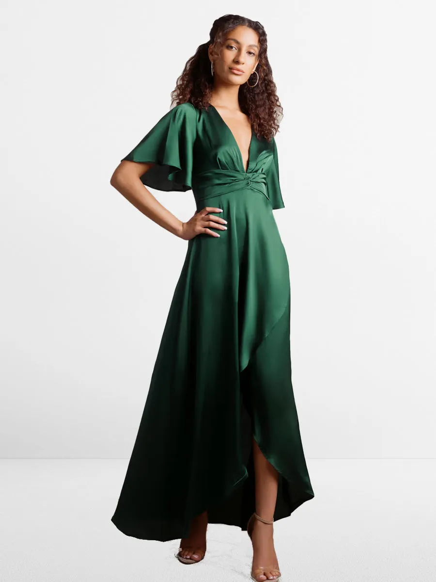2025 Emerald Green Satin Maxi Bridesmaid Dress, Flutter Sleeves, V-Neck & Hi-low skirt Gowns
