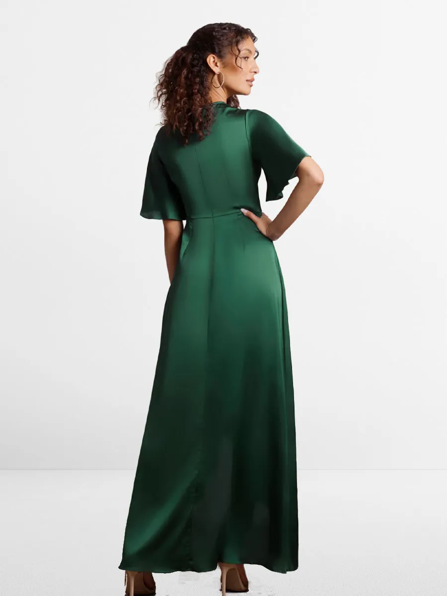 2025 Emerald Green Satin Maxi Bridesmaid Dress, Flutter Sleeves, V-Neck & Hi-low skirt Gowns
