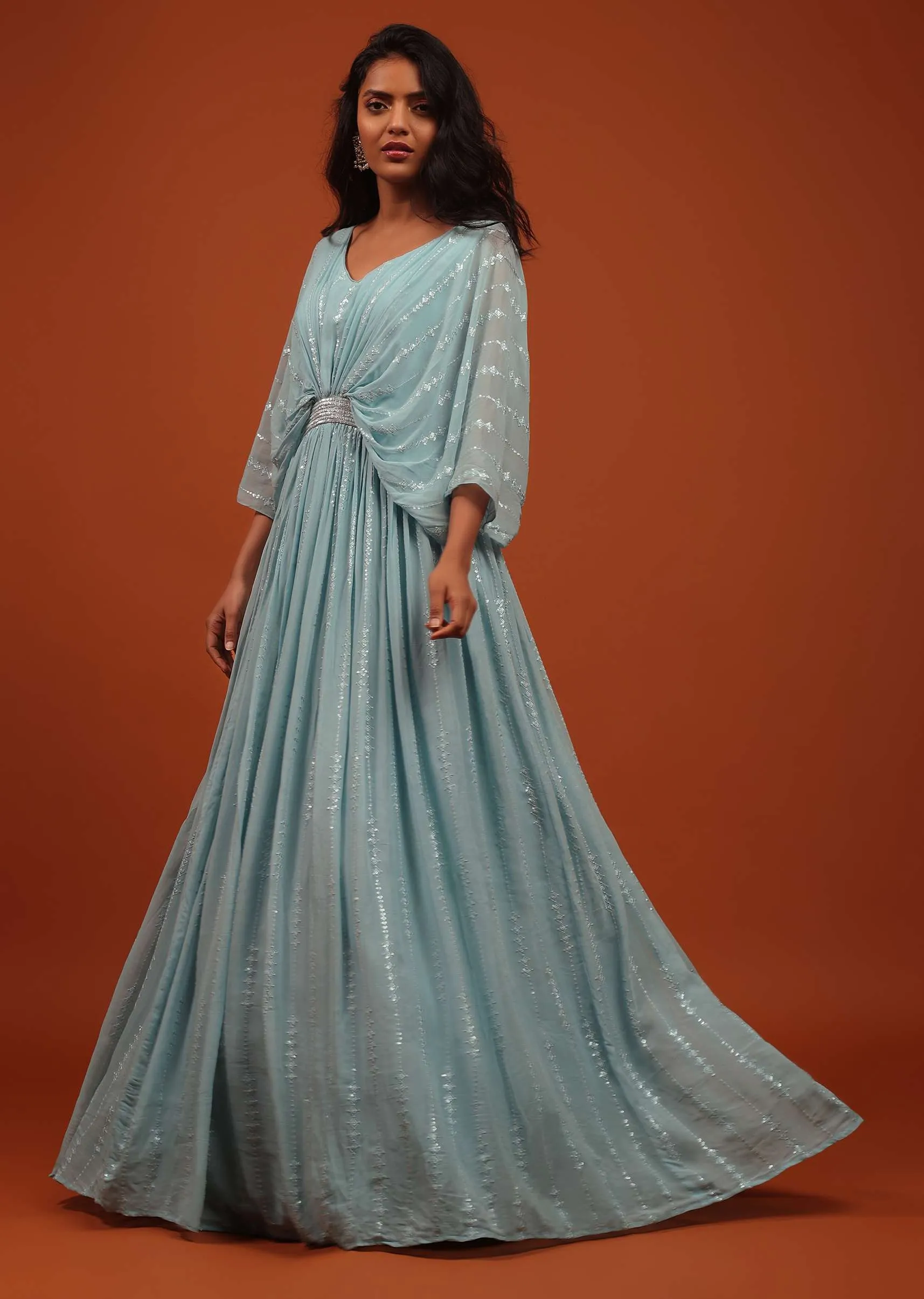 Aquatic Blue Thread And Sequins Embroidered Georgette Kaftan Gown