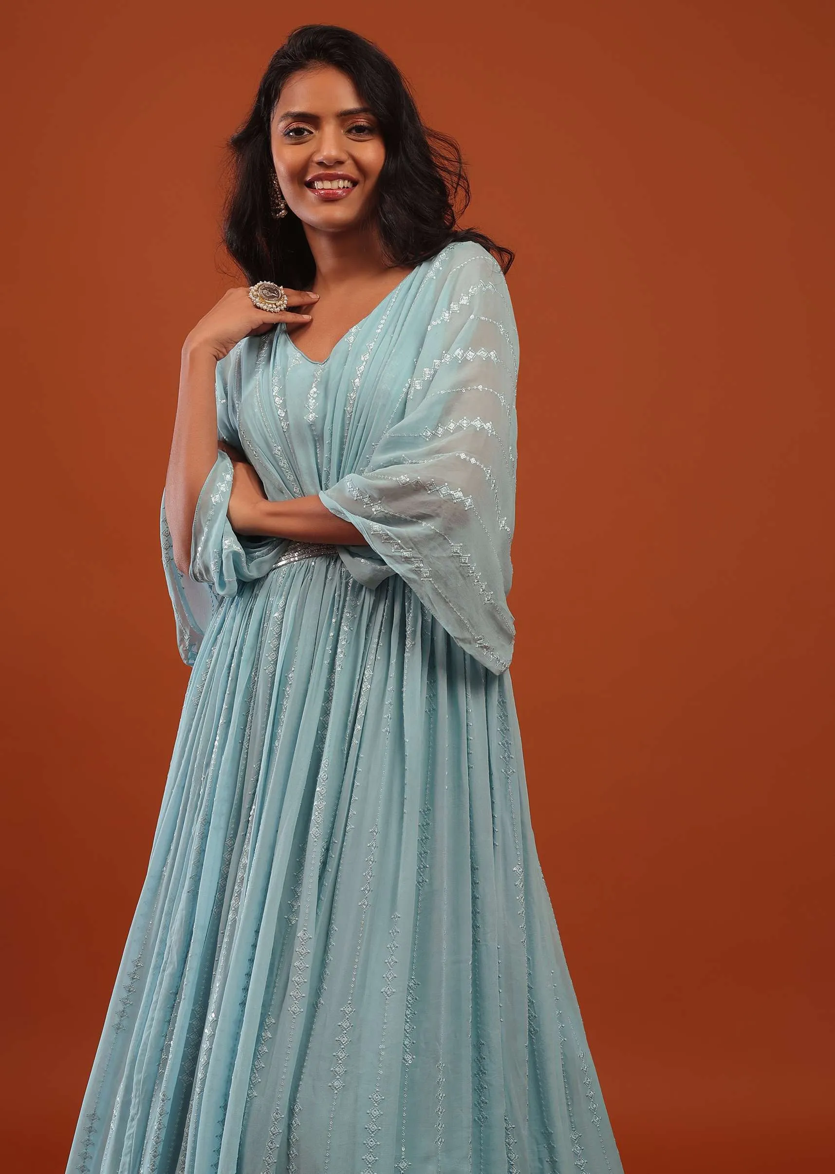 Aquatic Blue Thread And Sequins Embroidered Georgette Kaftan Gown