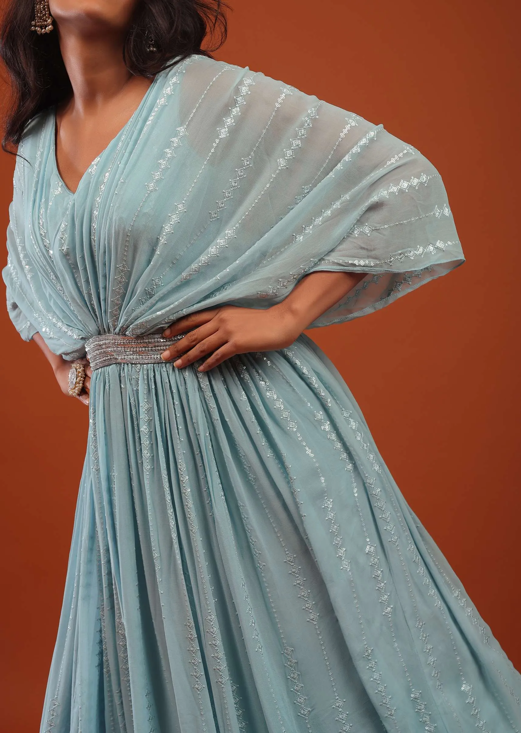 Aquatic Blue Thread And Sequins Embroidered Georgette Kaftan Gown