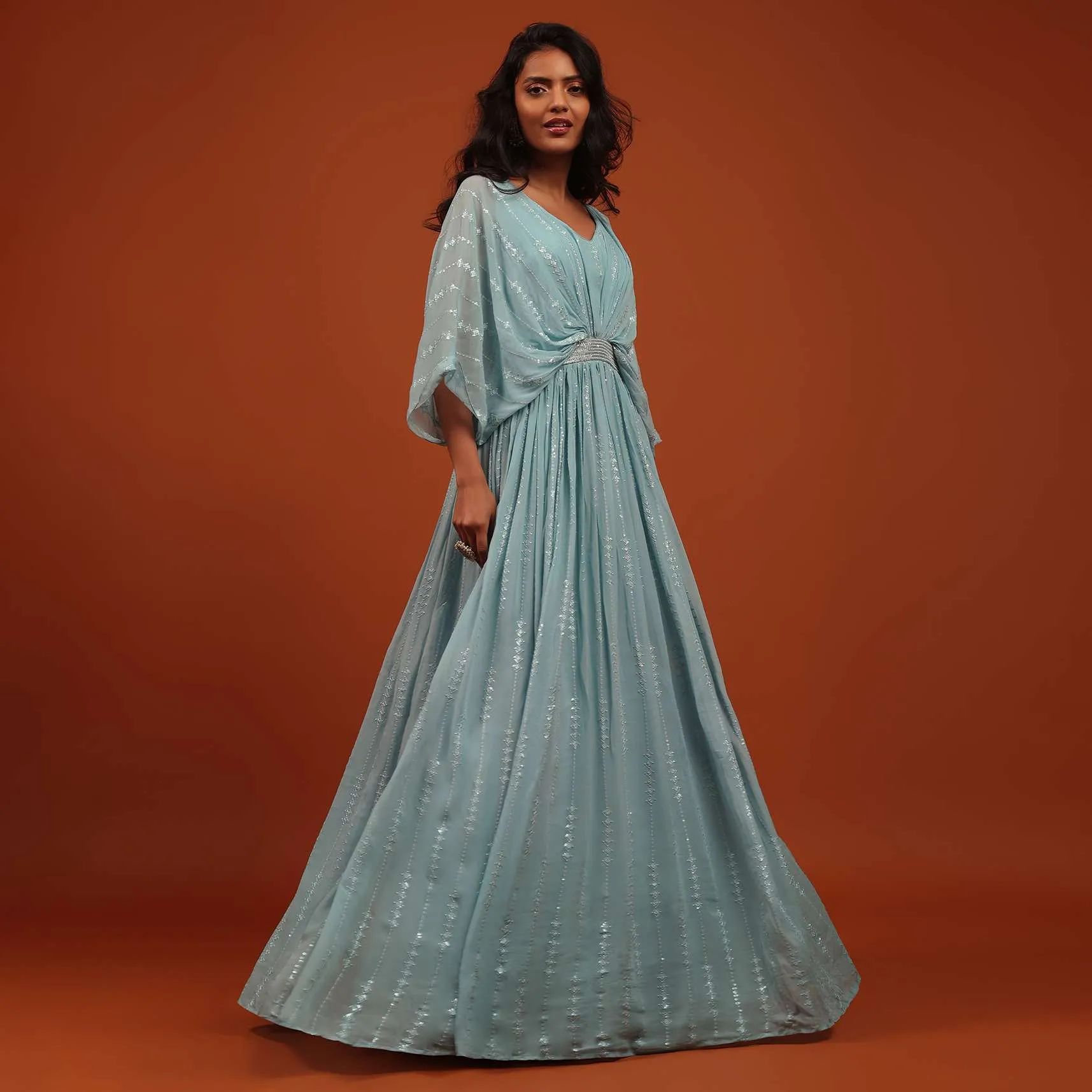 Aquatic Blue Thread And Sequins Embroidered Georgette Kaftan Gown