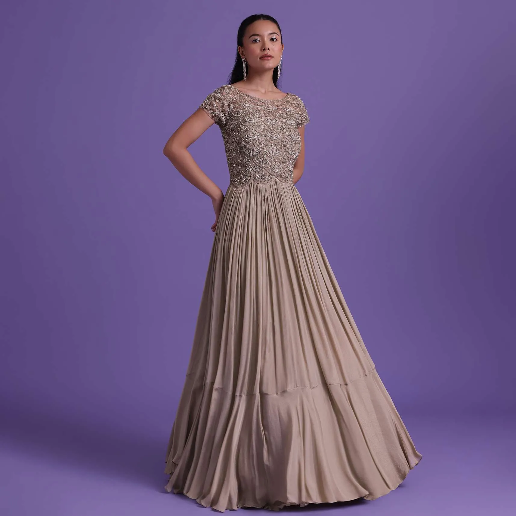 Beige Toned Gown In Chinon Embellished With Cut Dana Work