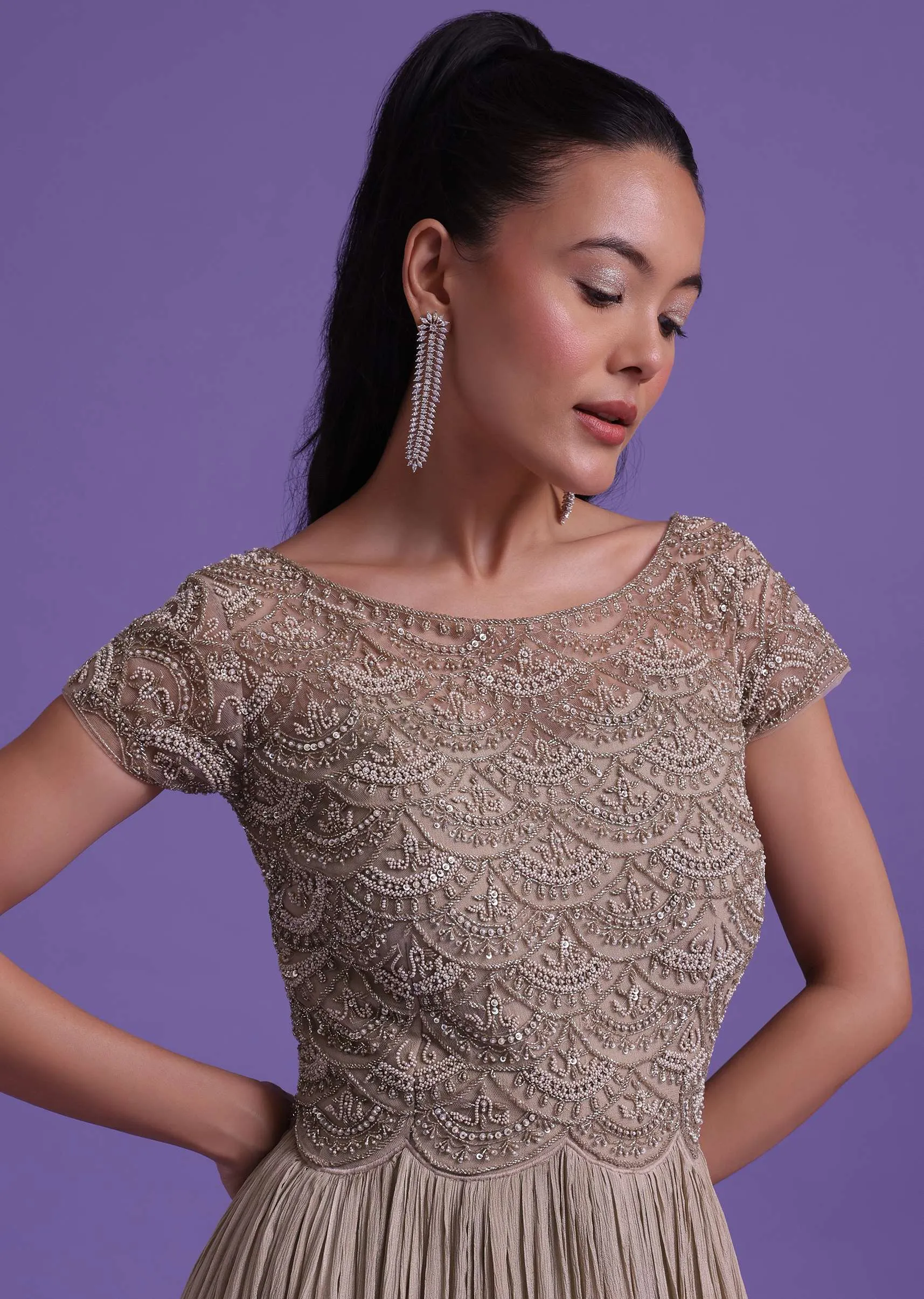 Beige Toned Gown In Chinon Embellished With Cut Dana Work