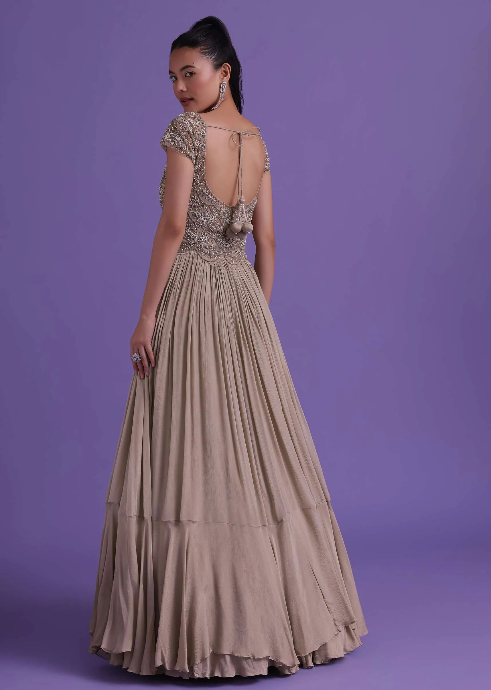Beige Toned Gown In Chinon Embellished With Cut Dana Work