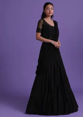Black Cut Dana Embroidered Gown With Attached Drape In Georgette