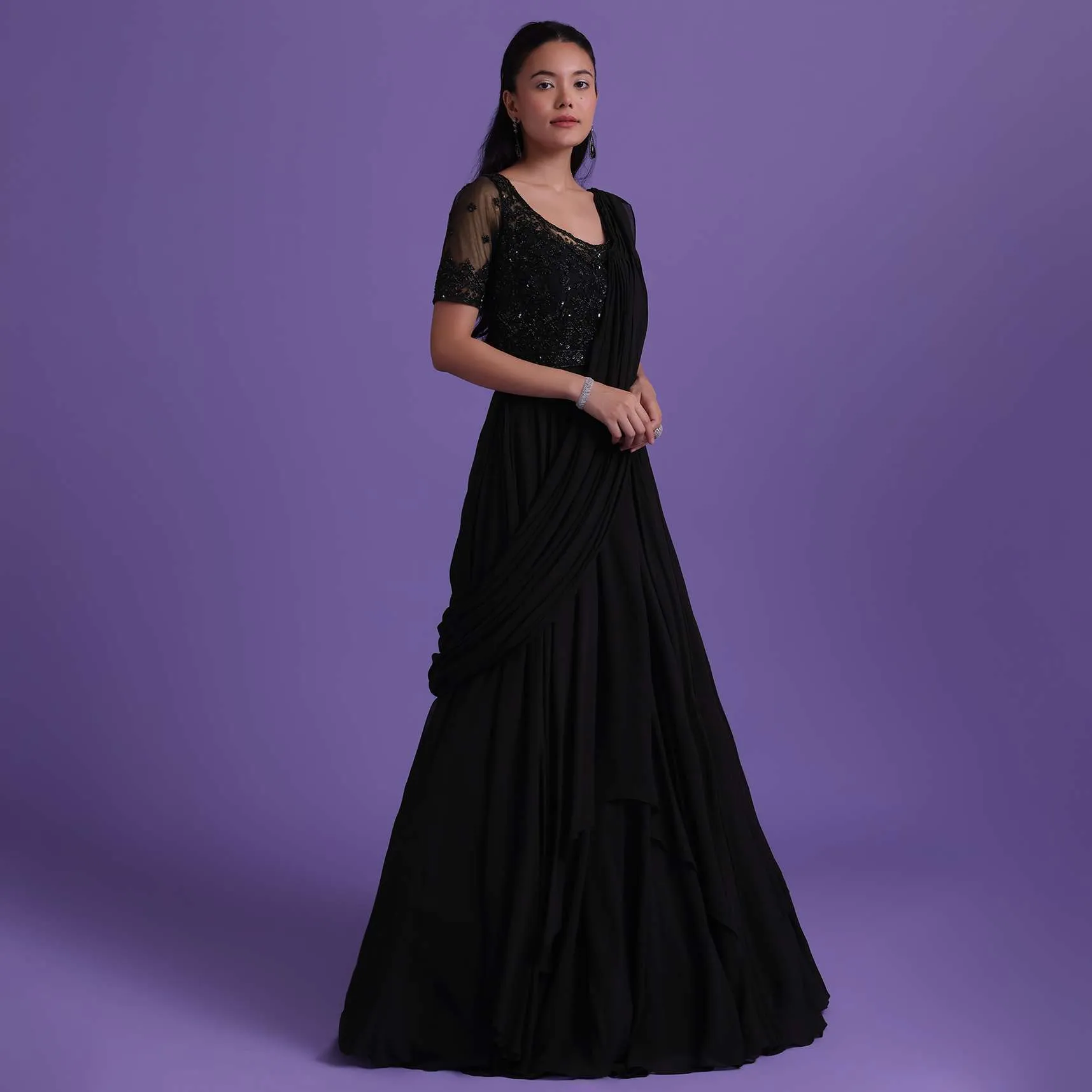 Black Cut Dana Embroidered Gown With Attached Drape In Georgette
