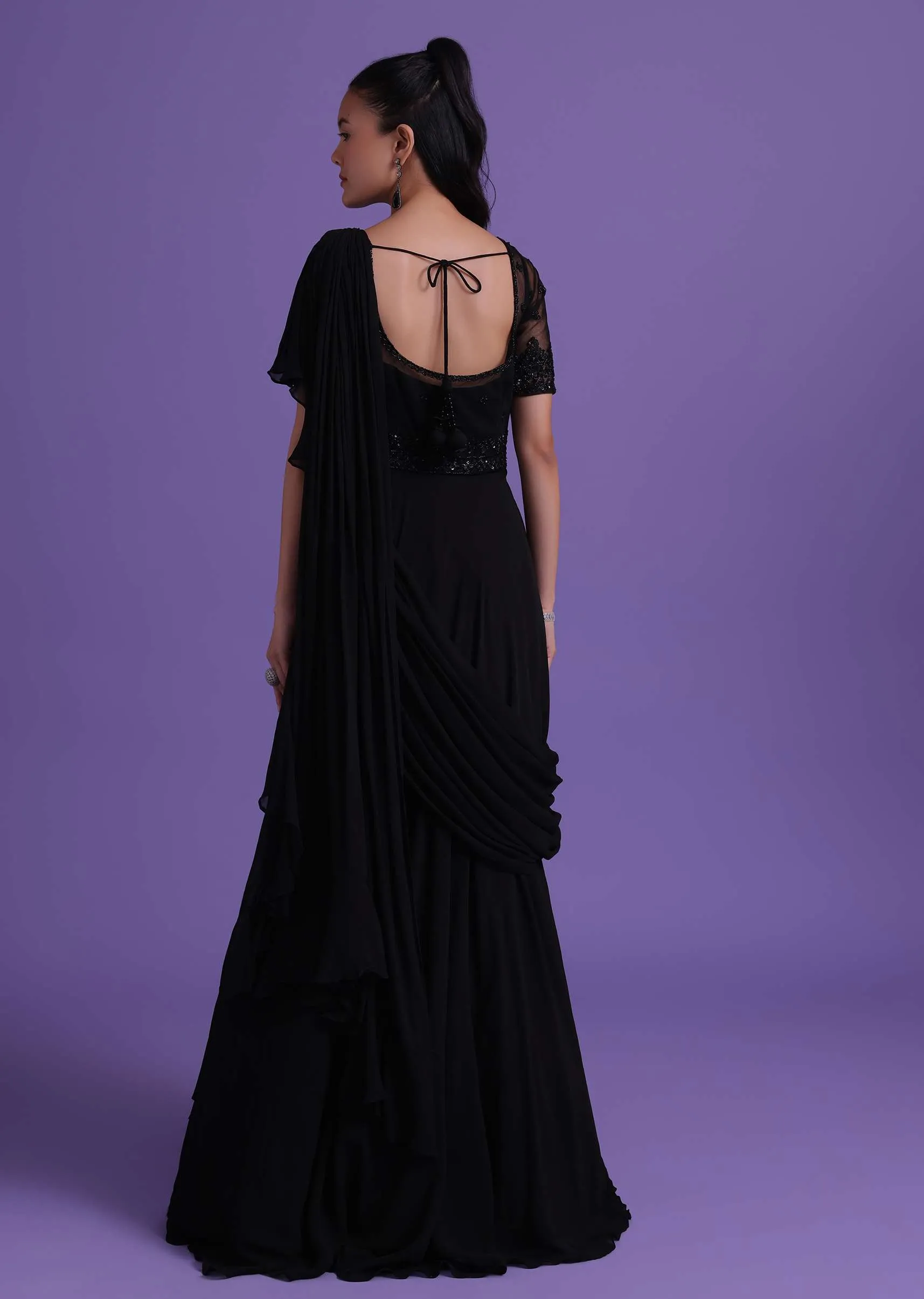 Black Cut Dana Embroidered Gown With Attached Drape In Georgette