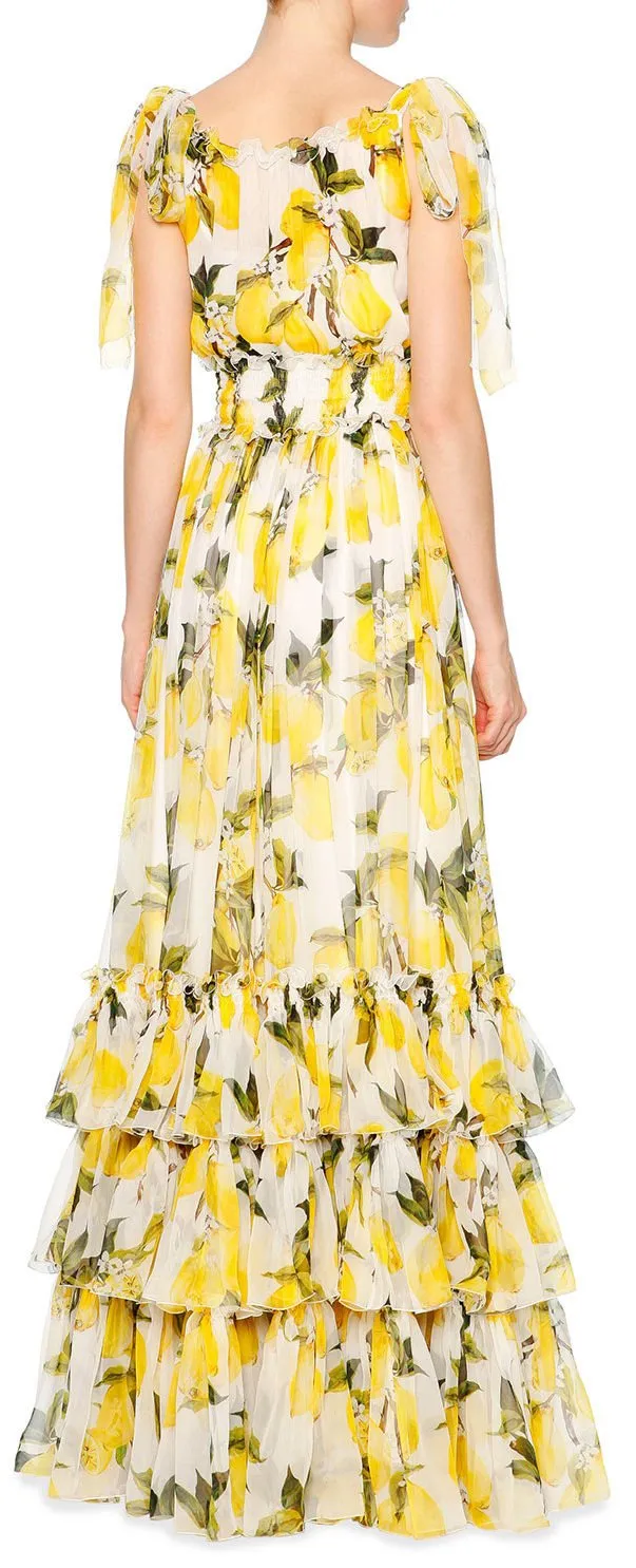 Lemon Print Tiered Long Maxi Dress in White