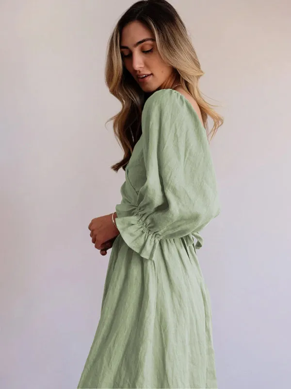 Vacation Solid A-Line Midi Dress with Tie Front & Wrap Back