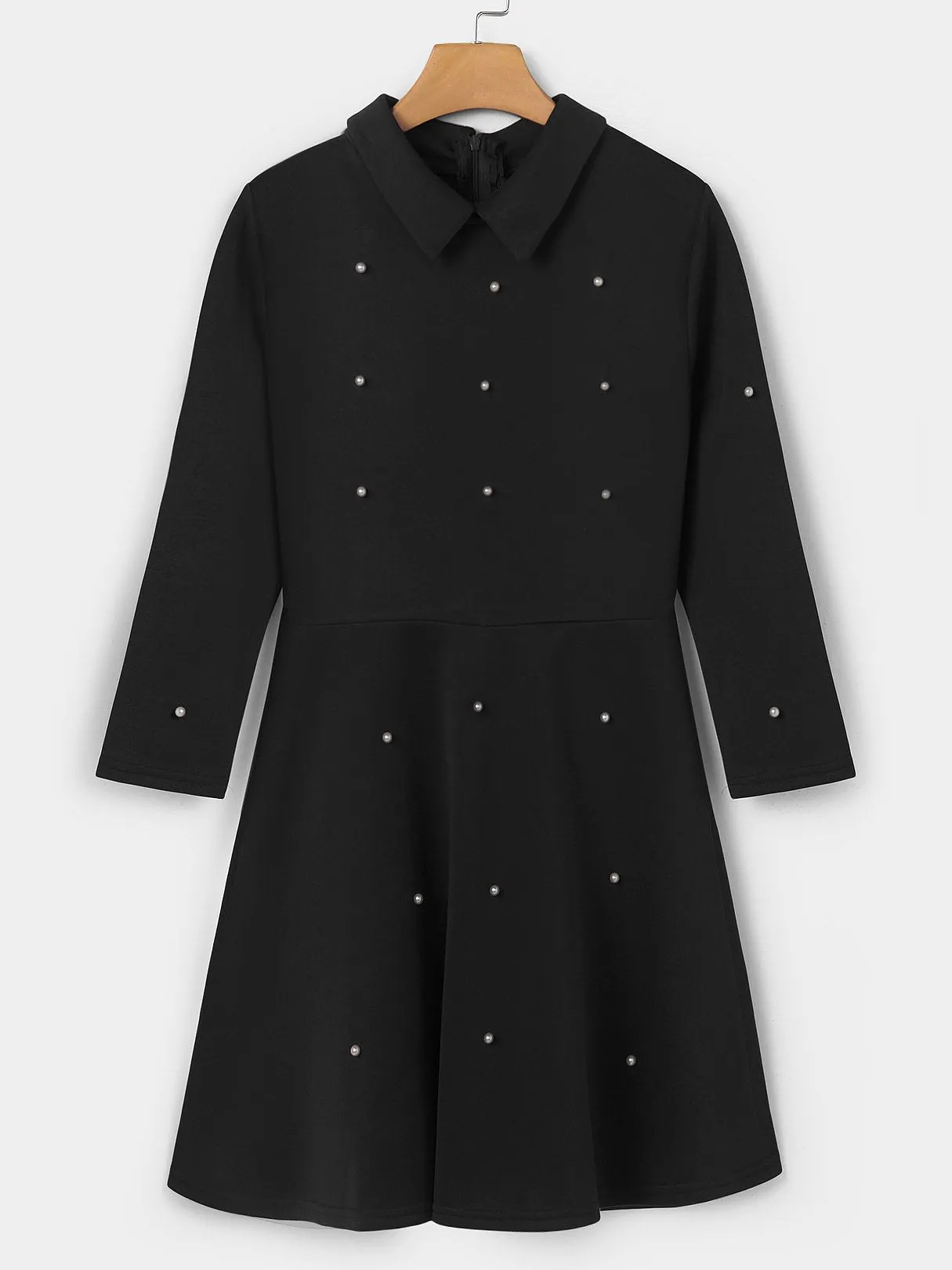 Wholesale Classic Collar 3/4 Length Sleeve Ruffle Hem Black High-Waisted Casual Dresses