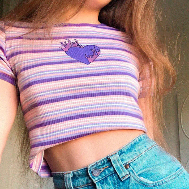 Y2K Nostalgia Purple Striped Crop Top Flaming Heart