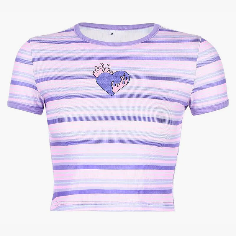 Y2K Nostalgia Purple Striped Crop Top Flaming Heart