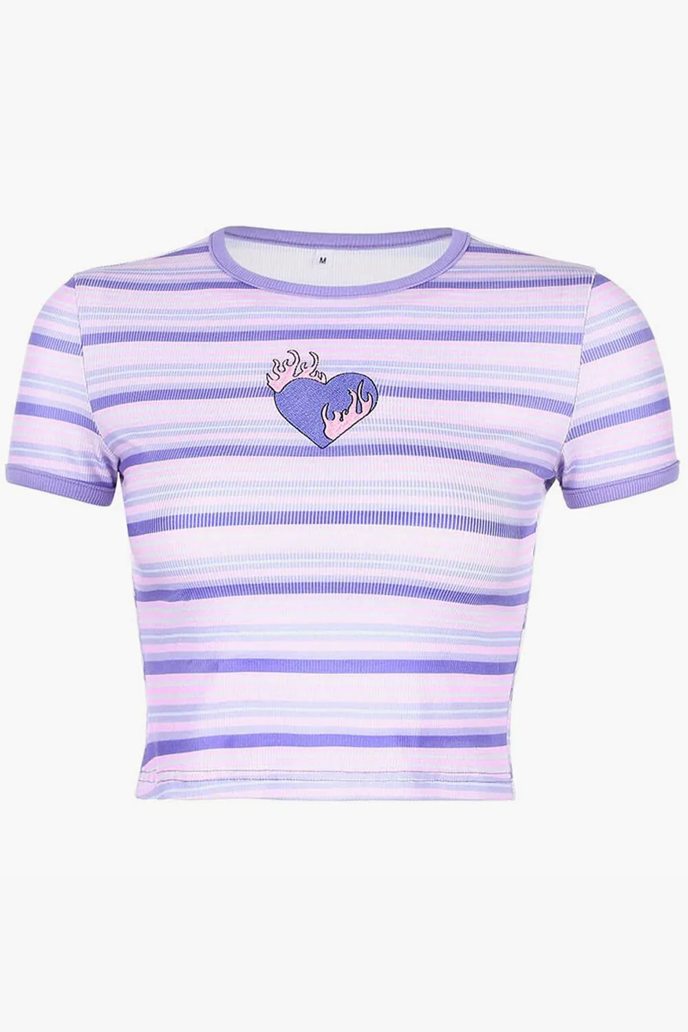 Y2K Nostalgia Purple Striped Crop Top Flaming Heart